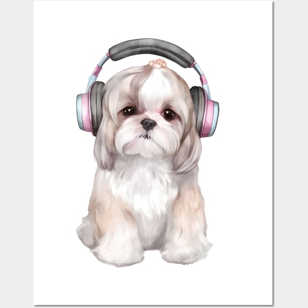 Watercolor Shih Tzu Dog with Headphones Wall Art by Chromatic Fusion Studio